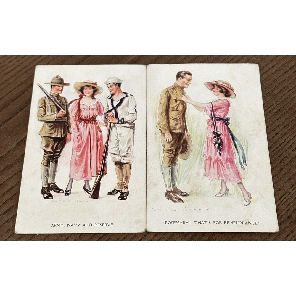 2 Archie Gunn Artist-Signed 1915 WWI Postcard, Soldier Lover, Remembrance UNUSED